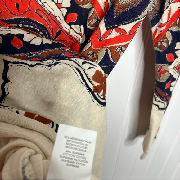 Lucky Brand Top Small Cream Red Blue Floral Embellishing Boho Peasant Spring Tee - Picture 5 of 8